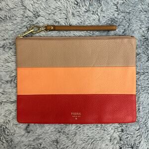 Fossil Large Multicolor Wristlet Striped Tan Orange Red Cowhide Leather 10x7